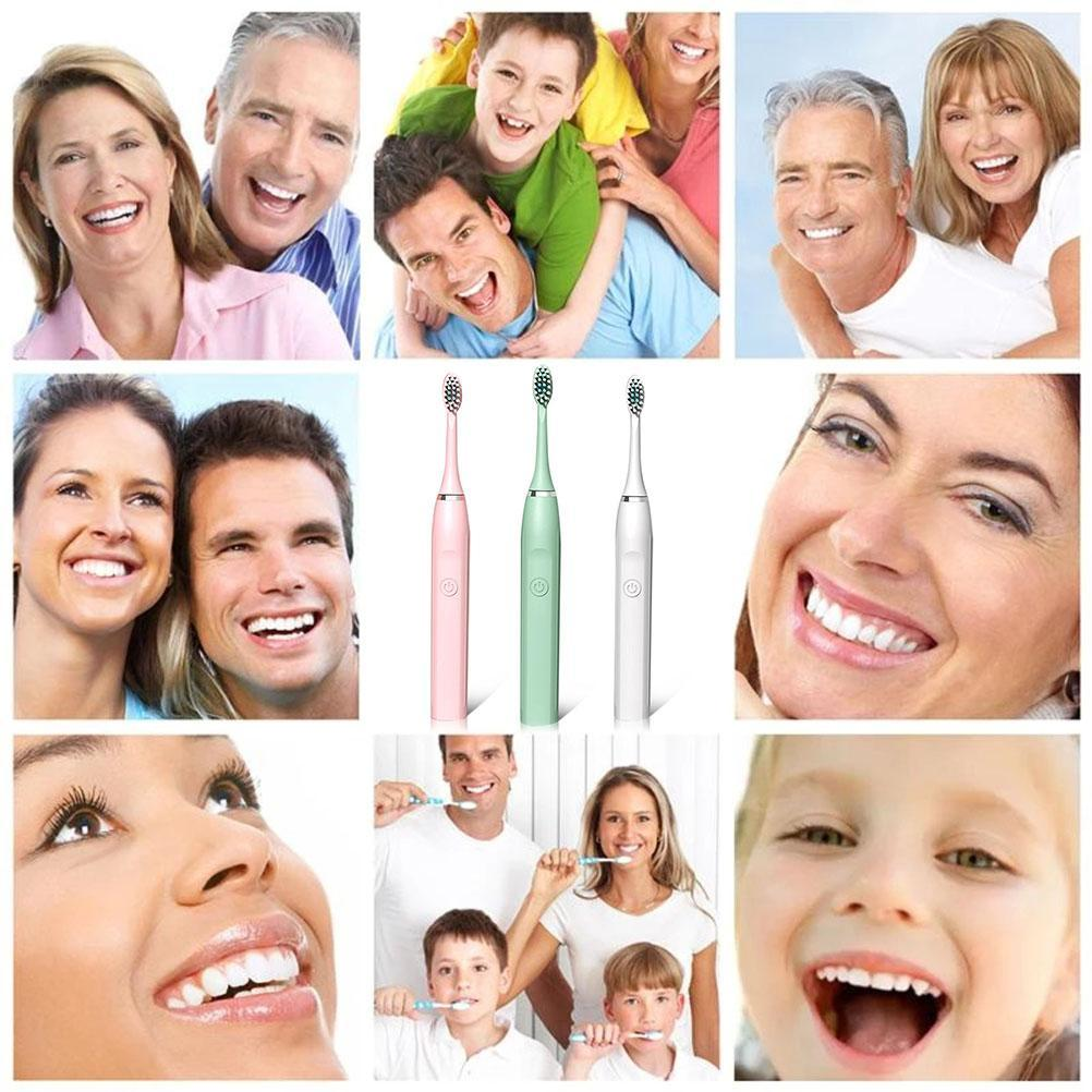 Eine Collage mit lächelnden Menschen, elektrischen Zahnbürsten und einer Familie, die sich die Zähne putzt. Bilder zeigen Zahnpflege und gesunde Lächeln.