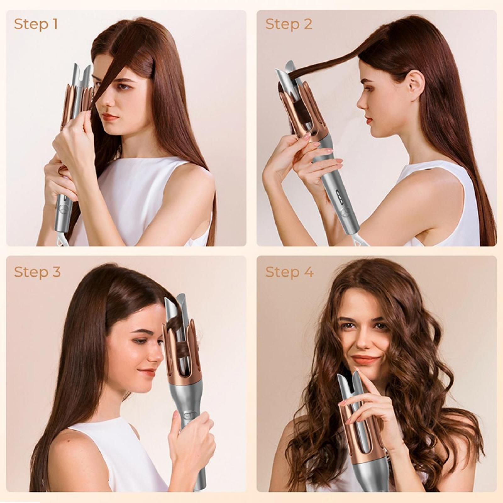 Frau mit Lockenstab. Schritte zeigen das Locken der Haare. Letzter Schritt zeigt lockiges Haar. Weißes Oberteil.