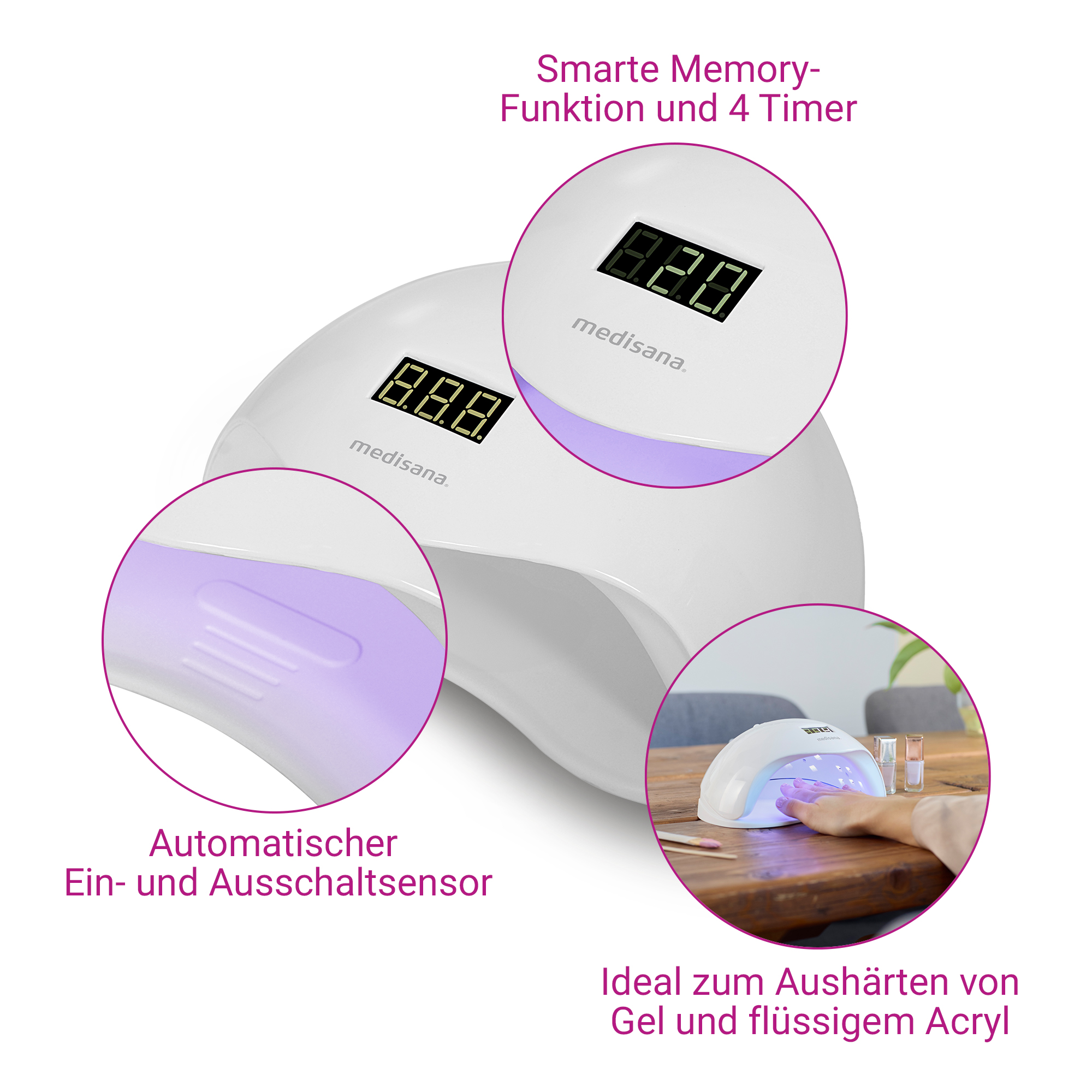 Eine weiße Nagellampe mit Digitalanzeigen und violettem Licht. Text auf Deutsch weist auf Eigenschaften und Anwendungen für Gel und Acryl hin.