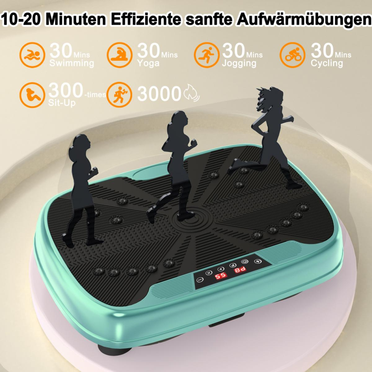 Eine Fitnessmaschine mit drei Silhouetten oben. Text beinhaltet Aufwärmübungen wie Schwimmen, Yoga, Joggen und Radfahren. Die Maschine ist türkis.