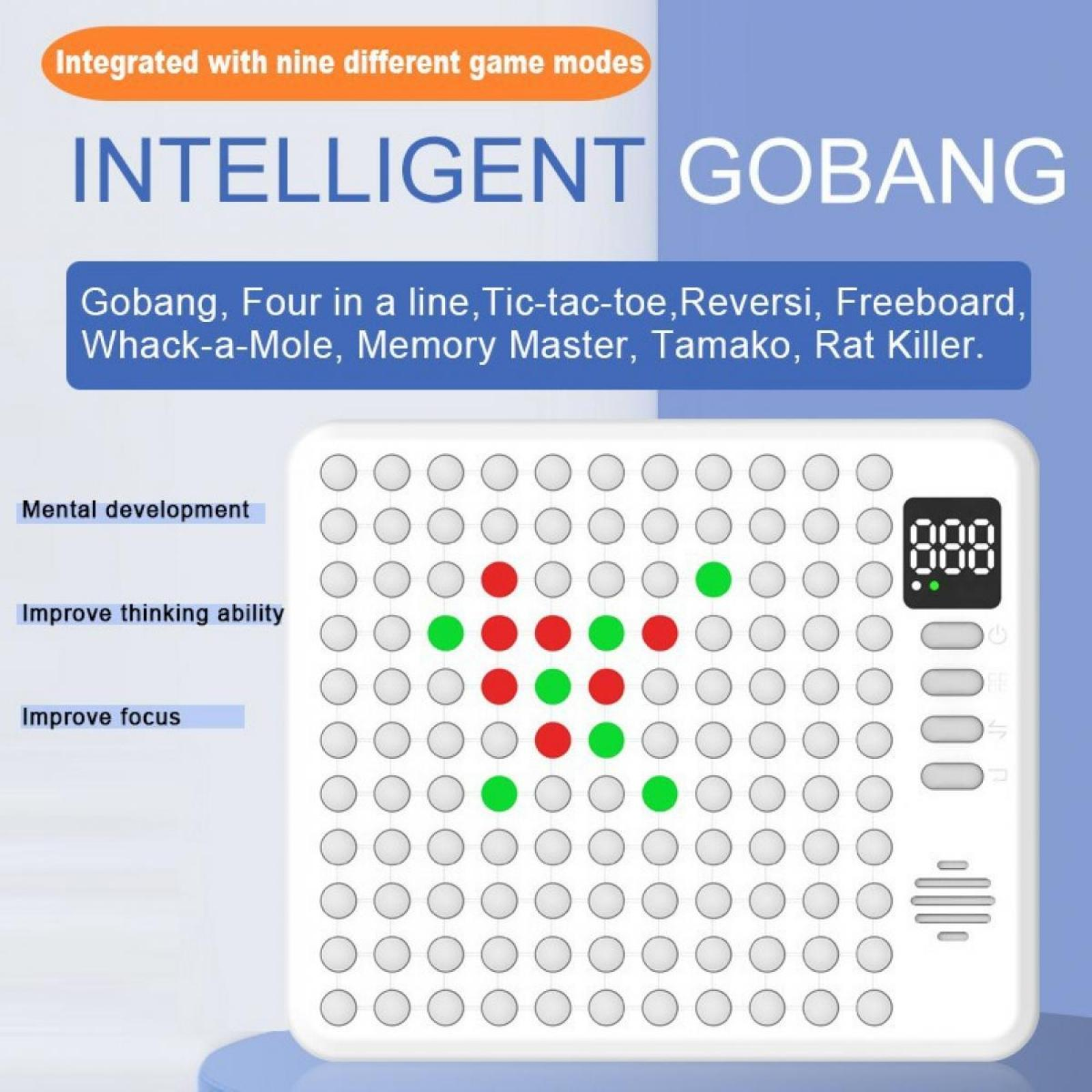 Ein elektronisches Spiel mit einem Raster von Löchern. Rote und grüne Lichter leuchten auf einigen Löchern. Text: Intelligent Gobang.