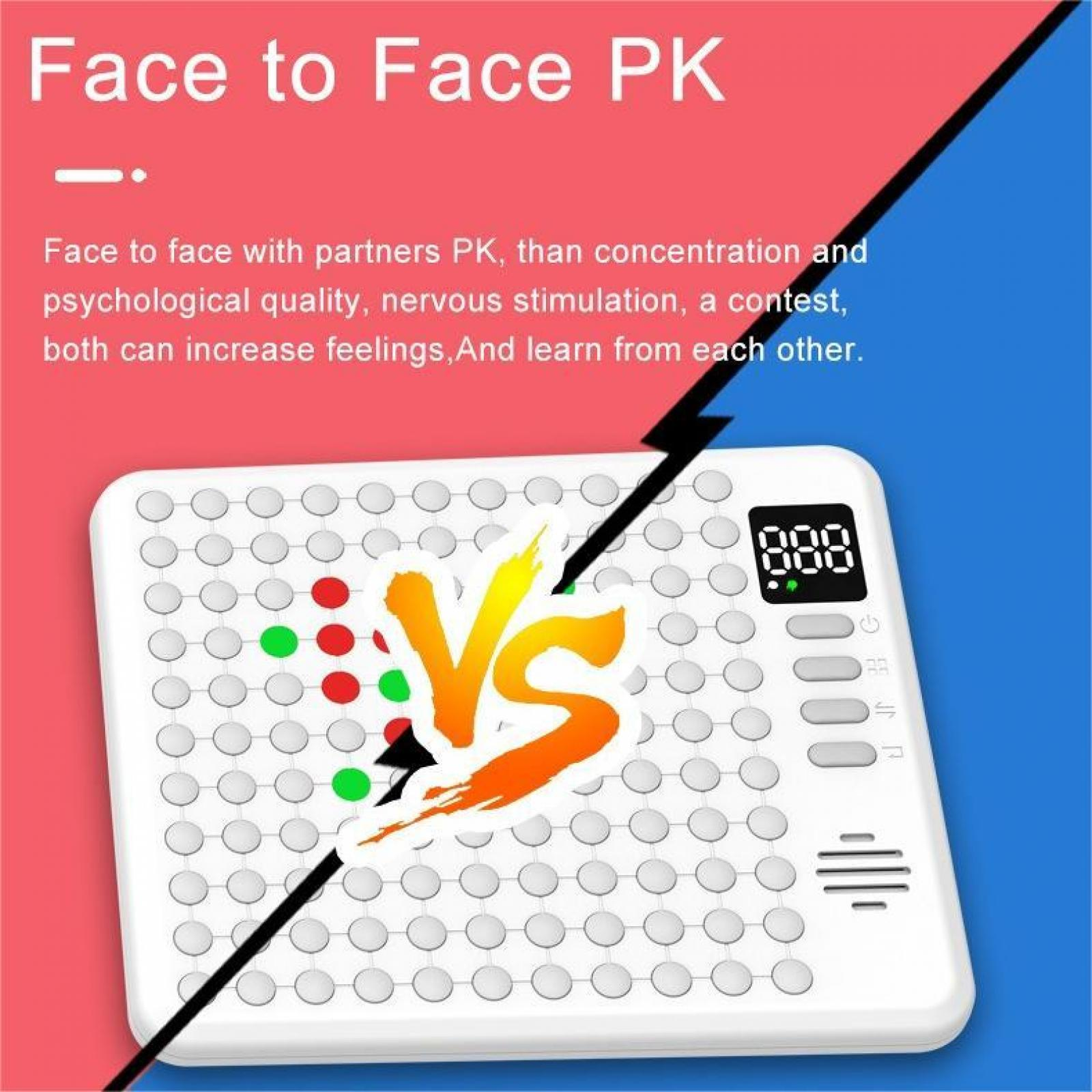 Das Bild zeigt eine weiße Spielkonsole mit einem Vs-Symbol. Rote und grüne Lichter sind an. Text-Overlay sagt 'Face to Face PK'.