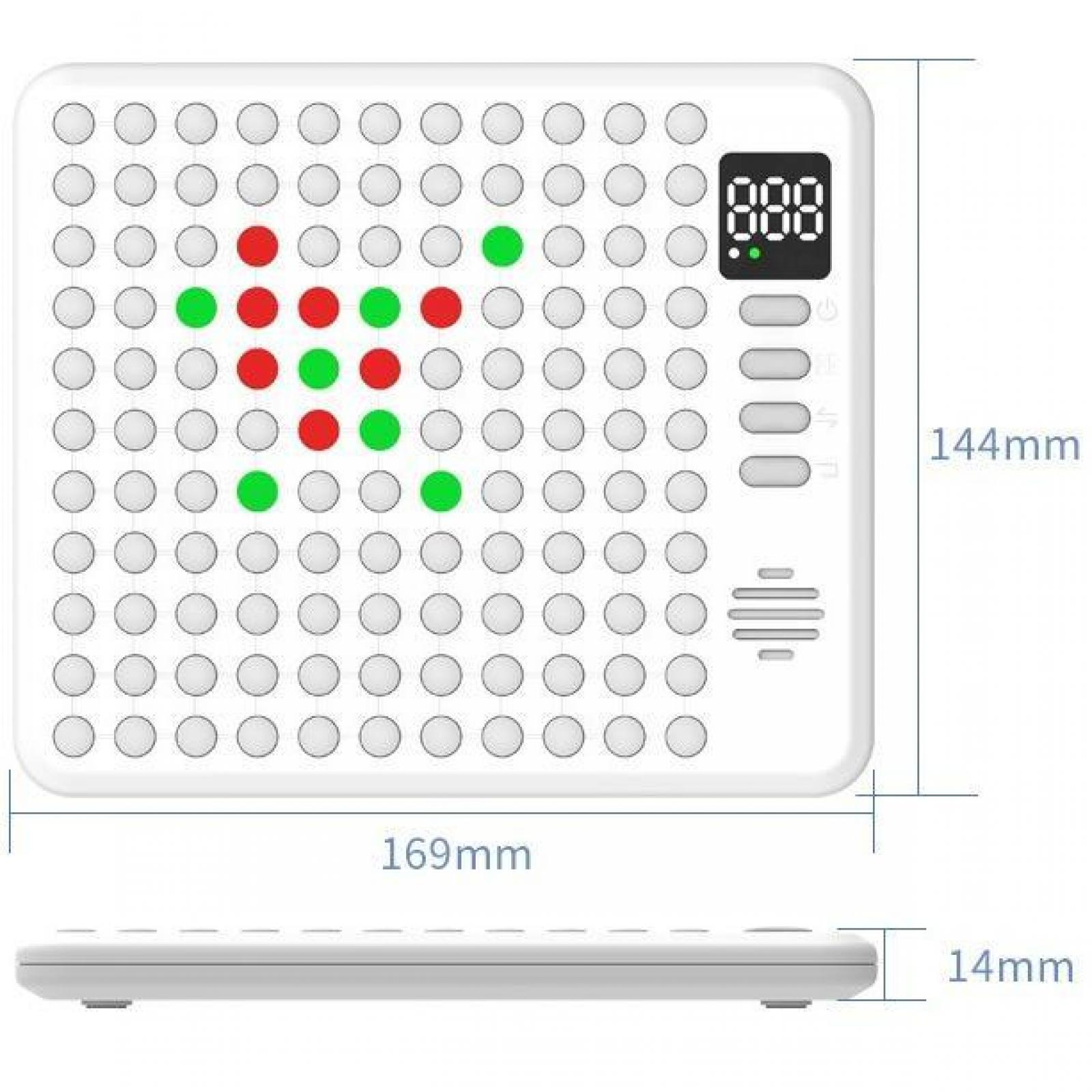 Weißes quadratisches Gerät mit einem Raster aus Kreisen, einige rot und grün. Hat ein Display und Knöpfe. Abmessungen sind angegeben.