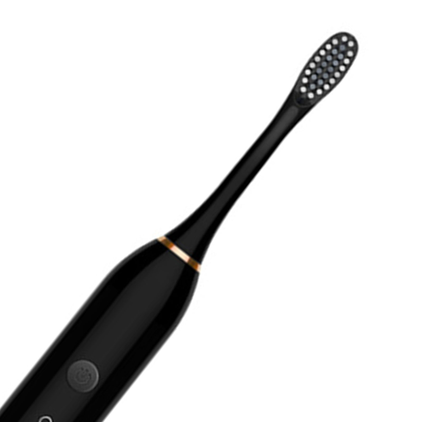 Eine schwarze elektrische Zahnbürste auf weißem Hintergrund. Der Bürstenkopf ist oval mit kleinen Borsten.
