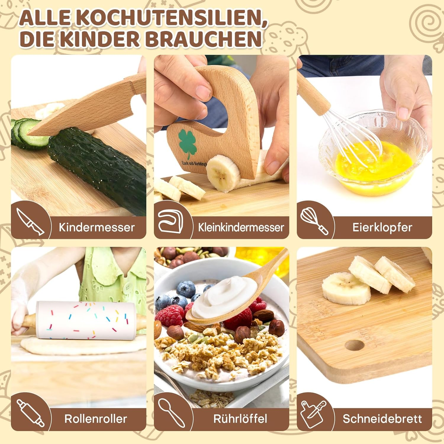Eine Collage mit Kochutensilien für Kinder. Enthält ein Messer, einen Bananenschneider, einen Schneebesen, eine Teigrolle, einen Löffel und ein Schneidebrett.