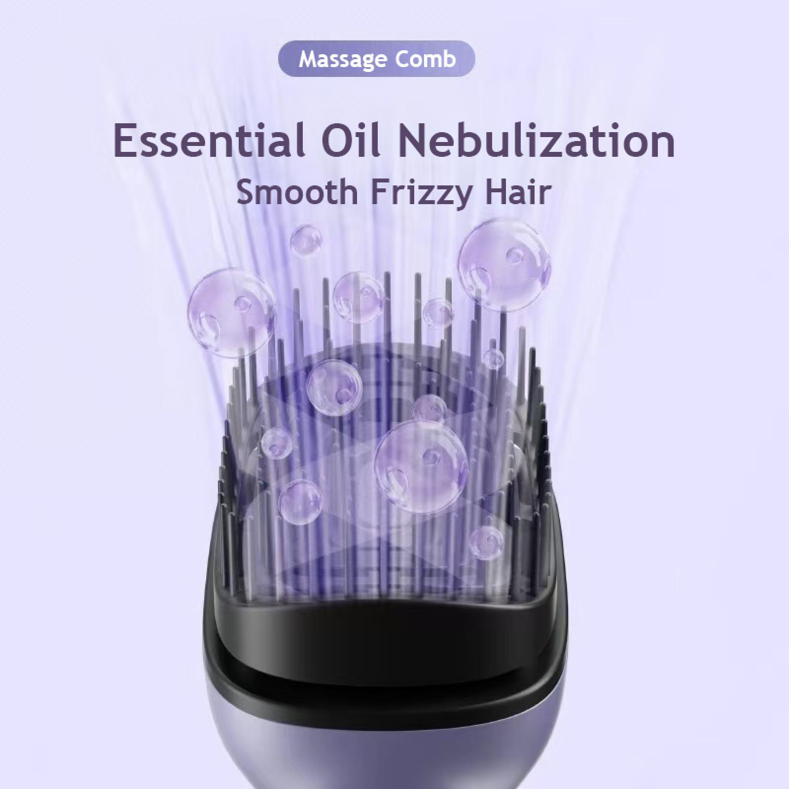 Das Bild zeigt einen Haarkamm mit dem Text "Essential Oil Nebulization". Blasen und lila Dampf sind sichtbar.