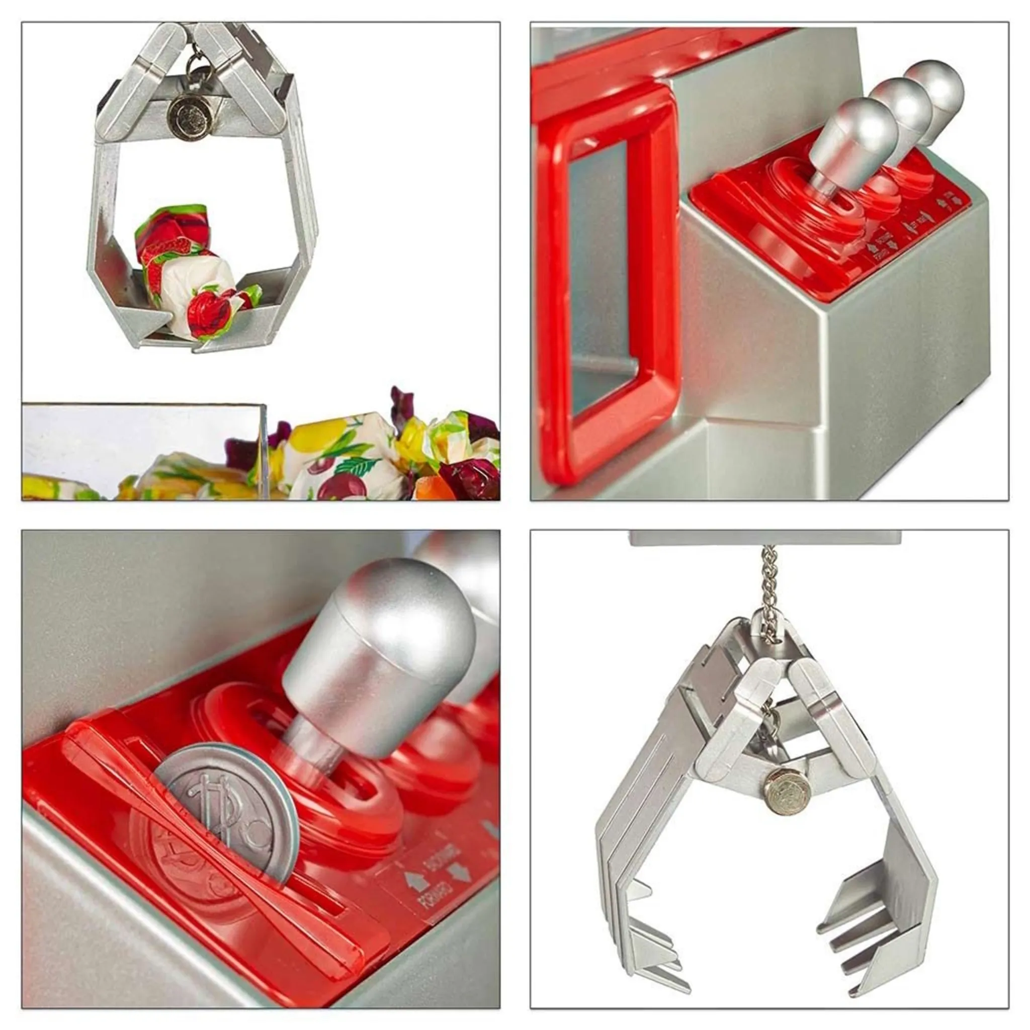 Nahaufnahme eines Greifautomaten mit einem Metallgreifer, der Süßigkeiten hält. Rote und silberne Details sind sichtbar.