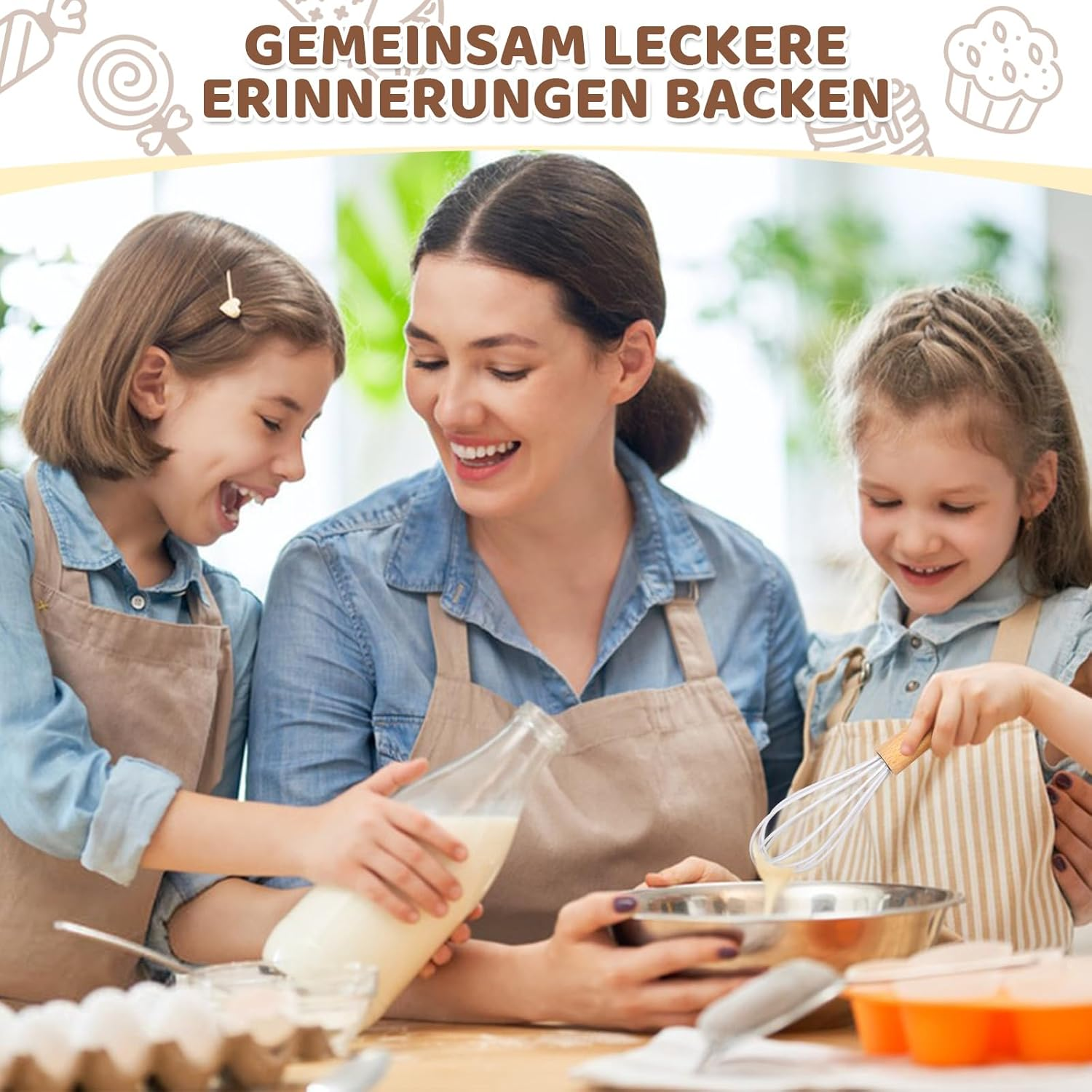 Eine Frau und zwei Mädchen backen zusammen. Eines gießt Milch ein, ein anderes schlägt Teig. Schürzen und eine Rührschüssel sind vorhanden.