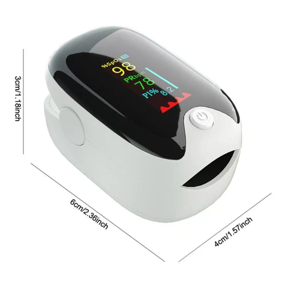 Ein Pulsoximeter zeigt die Sauerstoffsättigung (98 %) und die Pulsfrequenz (78 bpm) an. Das Gerät ist weiß und schwarz, mit Maßangaben.