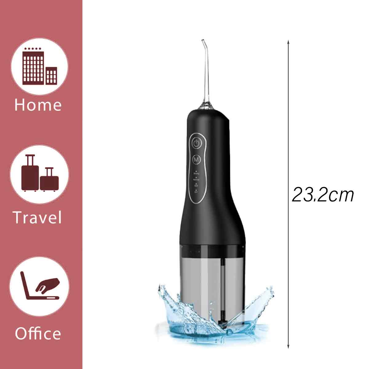 Schwarzer und silberner Zahnwasser-Flosser mit Wasserspritzern. Symbole für Zuhause, Reise und Büro sind links. Die Größe beträgt 23,2 cm.