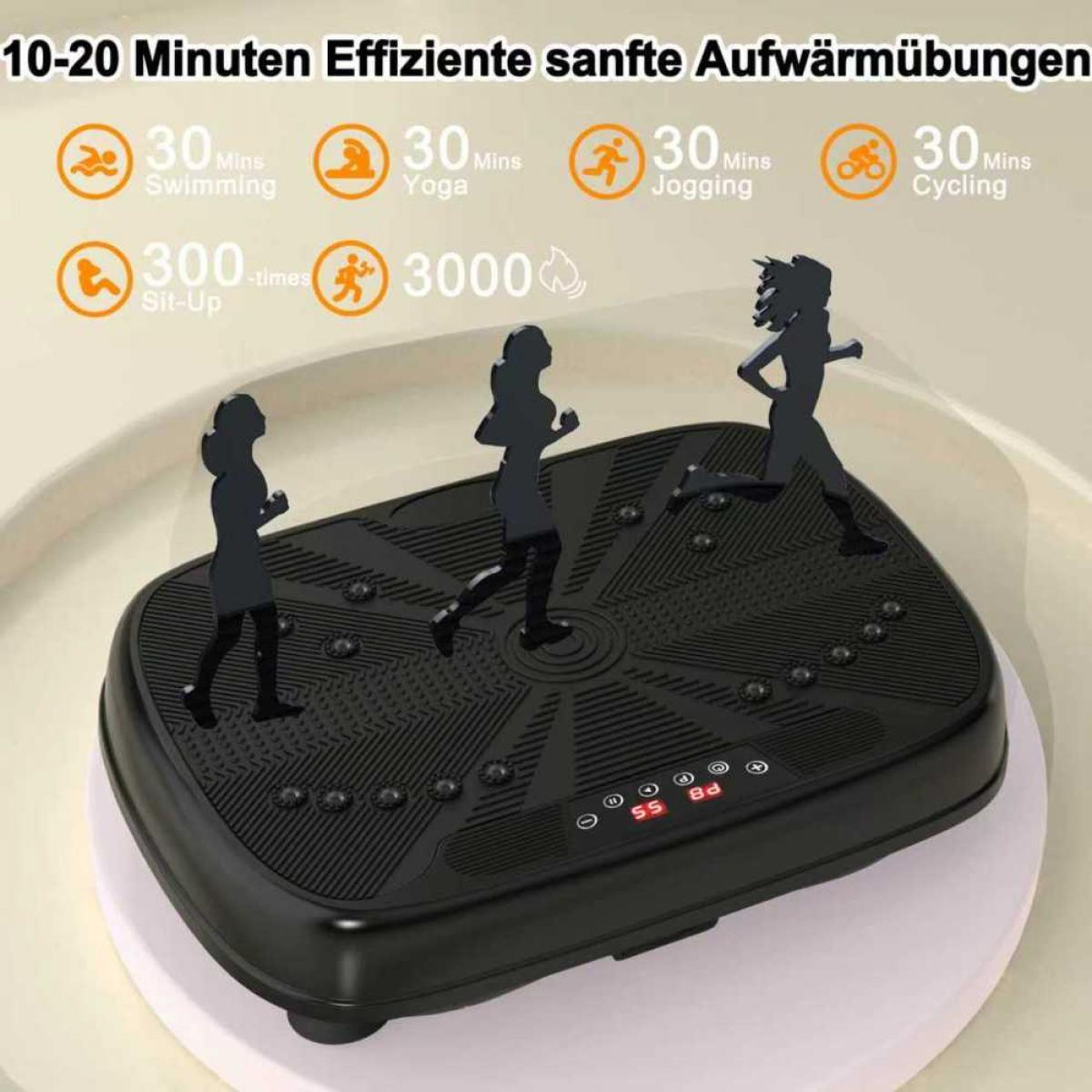 Das Bild zeigt eine Fitnessmaschine mit laufenden Figuren. Der Text erwähnt Schwimmen, Yoga, Joggen, Radfahren und Sit-ups mit Zeitangaben.