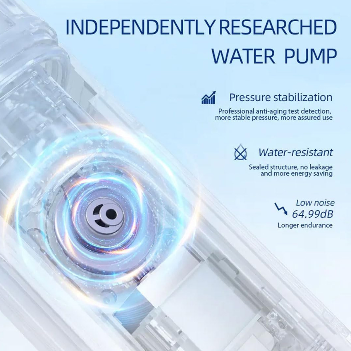 Das Bild zeigt eine Wasserpumpe mit Text über Druck, Wasserbeständigkeit und geringe Geräuschentwicklung.