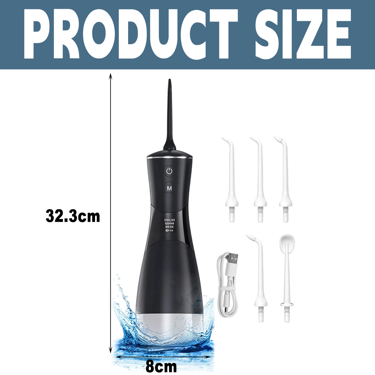 Ein schwarzer und silberner Wasserflosser mit verschiedenen weißen Spitzen. Die Abmessungen sind angegeben: 32,3 cm hoch, 8 cm breit.