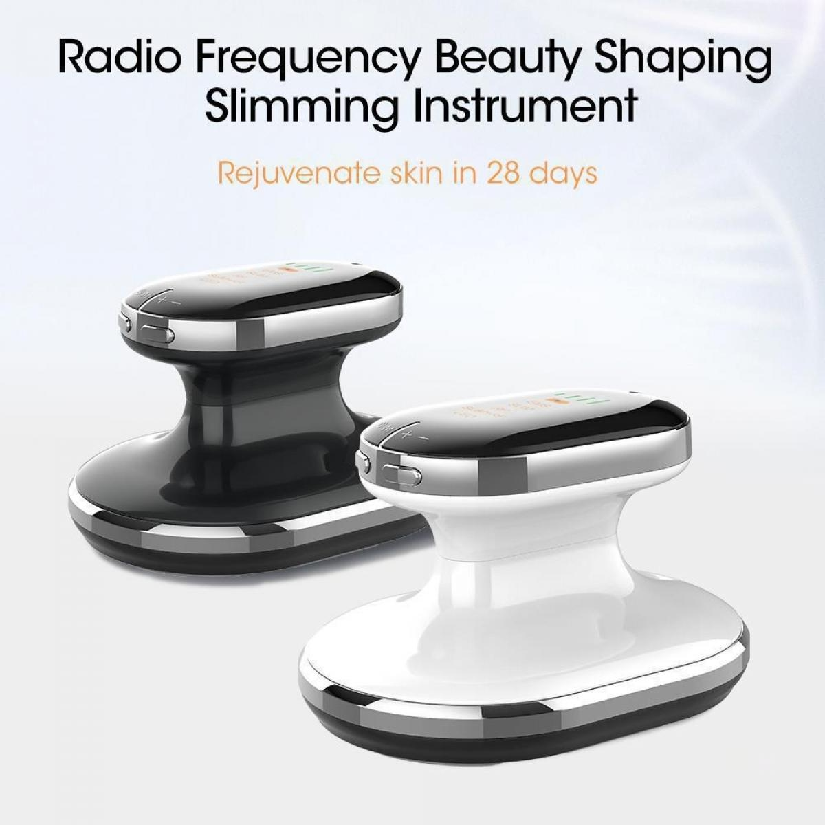 Zwei Radiofrequenz-Beauty-Shaping-Schlankheitsinstrumente, eines schwarz und eines weiß, mit silberner Zierleiste, vor weißem Hintergrund.