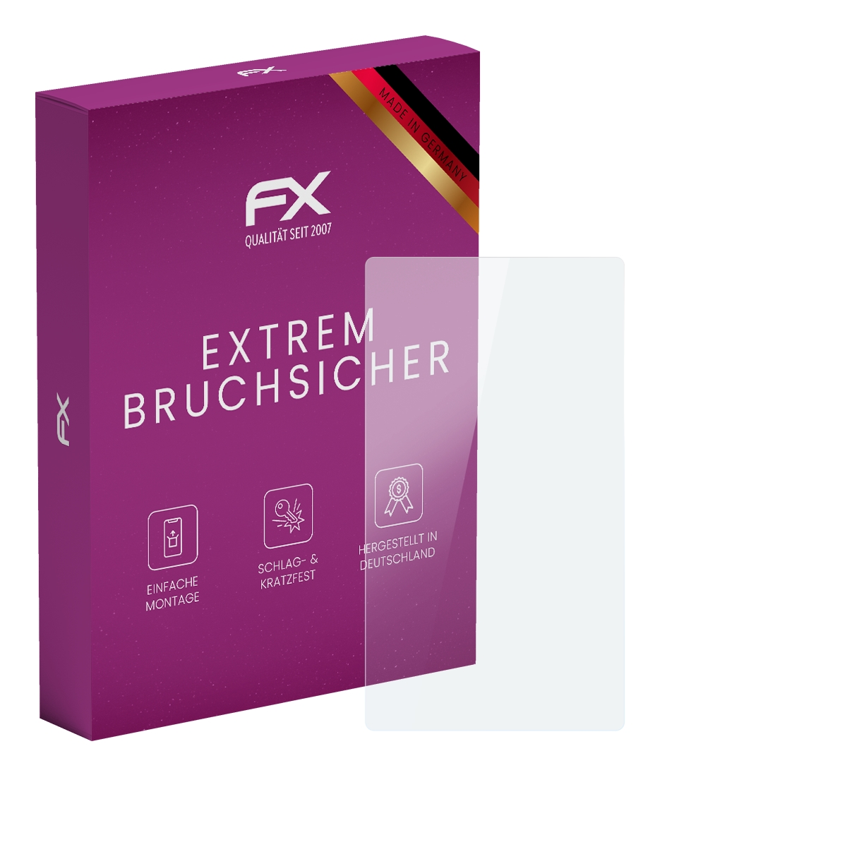 Eine lila Schachtel mit einem Displayschutz. Text sagt 'EXTREM BRUCHSICHER'. Es steht auch 'MADE IN GERMANY'.