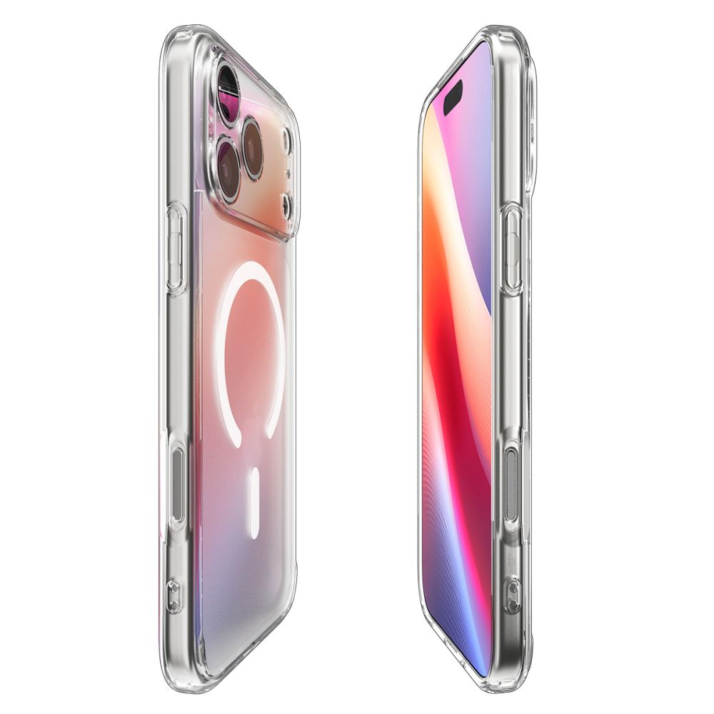 Deux coques de téléphone transparentes, une avec un téléphone à l'intérieur, affichant un écran coloré. L'autre coque est vide, avec une forme courbe blanche.