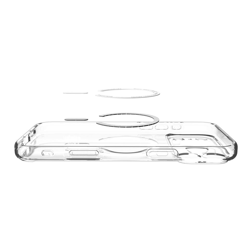 Coque de téléphone transparente avec composants d'anneau magnétique au-dessus. Fond blanc, mettant en valeur la transparence.