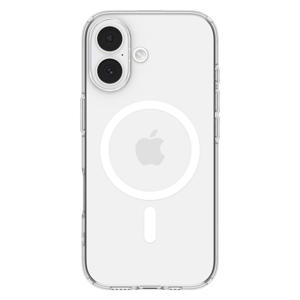 Una custodia trasparente per telefono con intaglio per fotocamera, logo Apple e cerchio MagSafe.