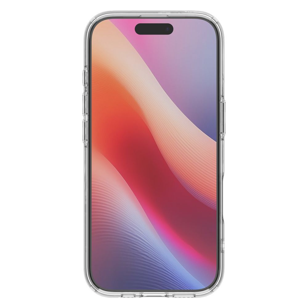 Uno smartphone in una custodia trasparente. Lo schermo mostra un design astratto colorato di rosso, arancione, rosa e viola.