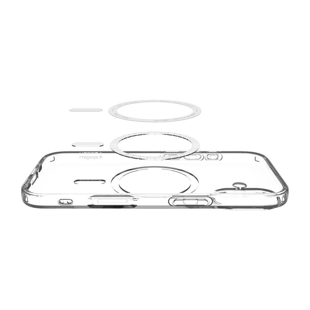Custodia trasparente per telefono con anelli magnetici ed elementi di design, fluttuante su sfondo bianco.