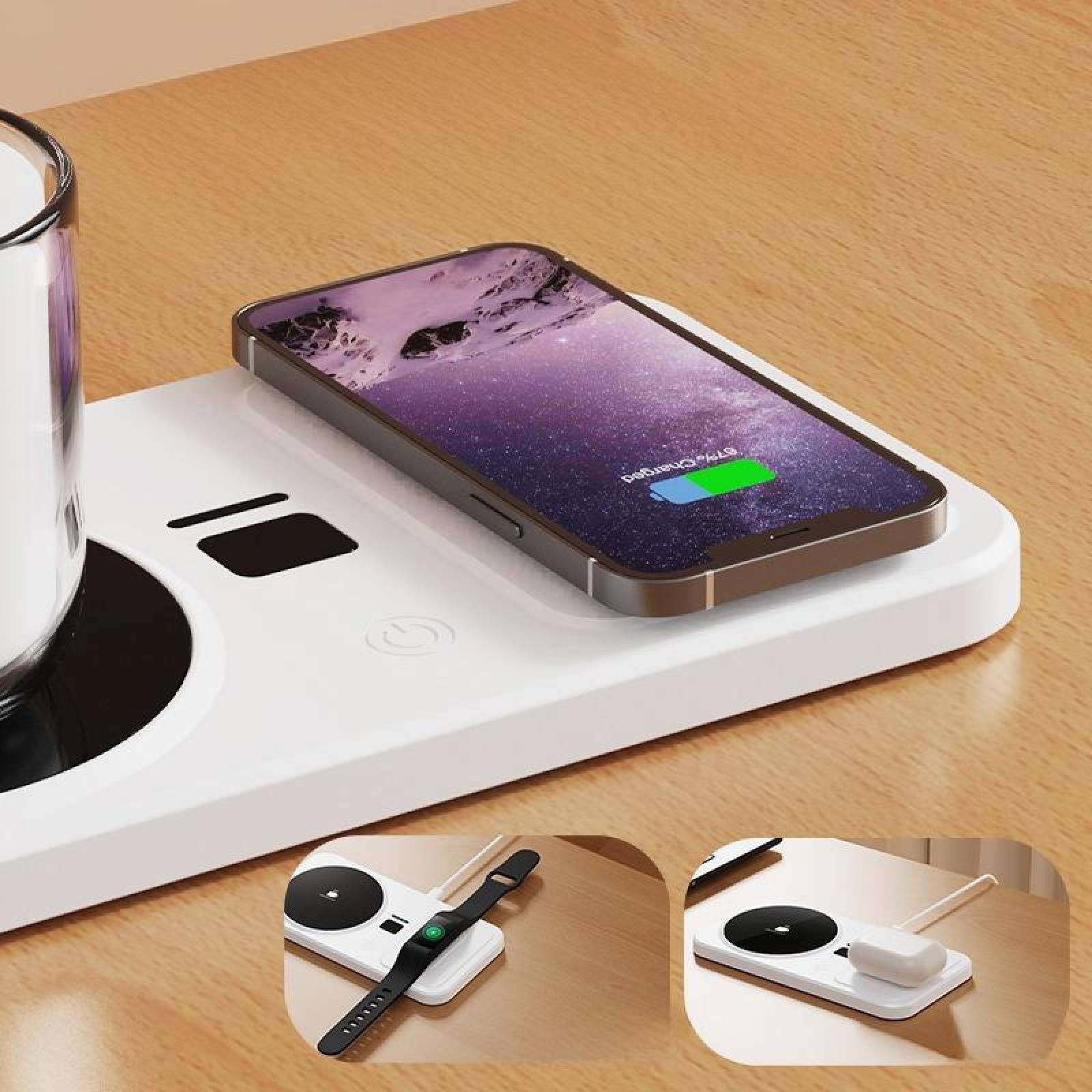 Weißes kabelloses Ladegerät mit Telefon, das geladen wird. Telefon zeigt violettes Bild und 67% geladen. Kleine Uhr lädt seitlich.