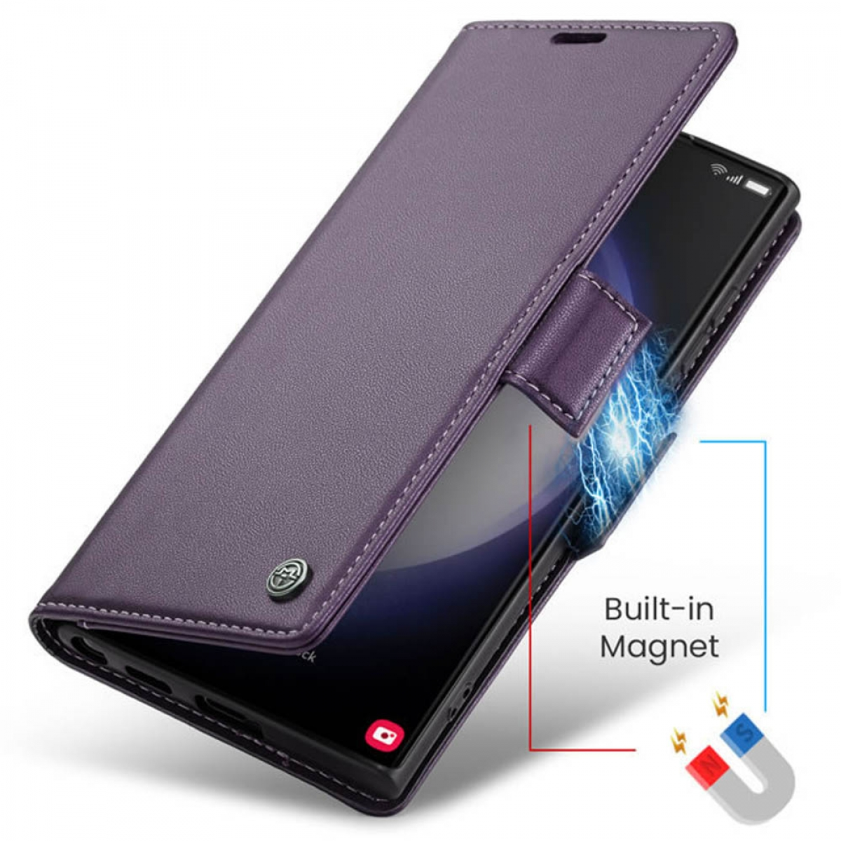 Lila Handyhülle mit eingebautem Magneten. Das Telefon ist darin. Die Hülle ist offen und zeigt den Bildschirm des Telefons und das Magnetsymbol.
