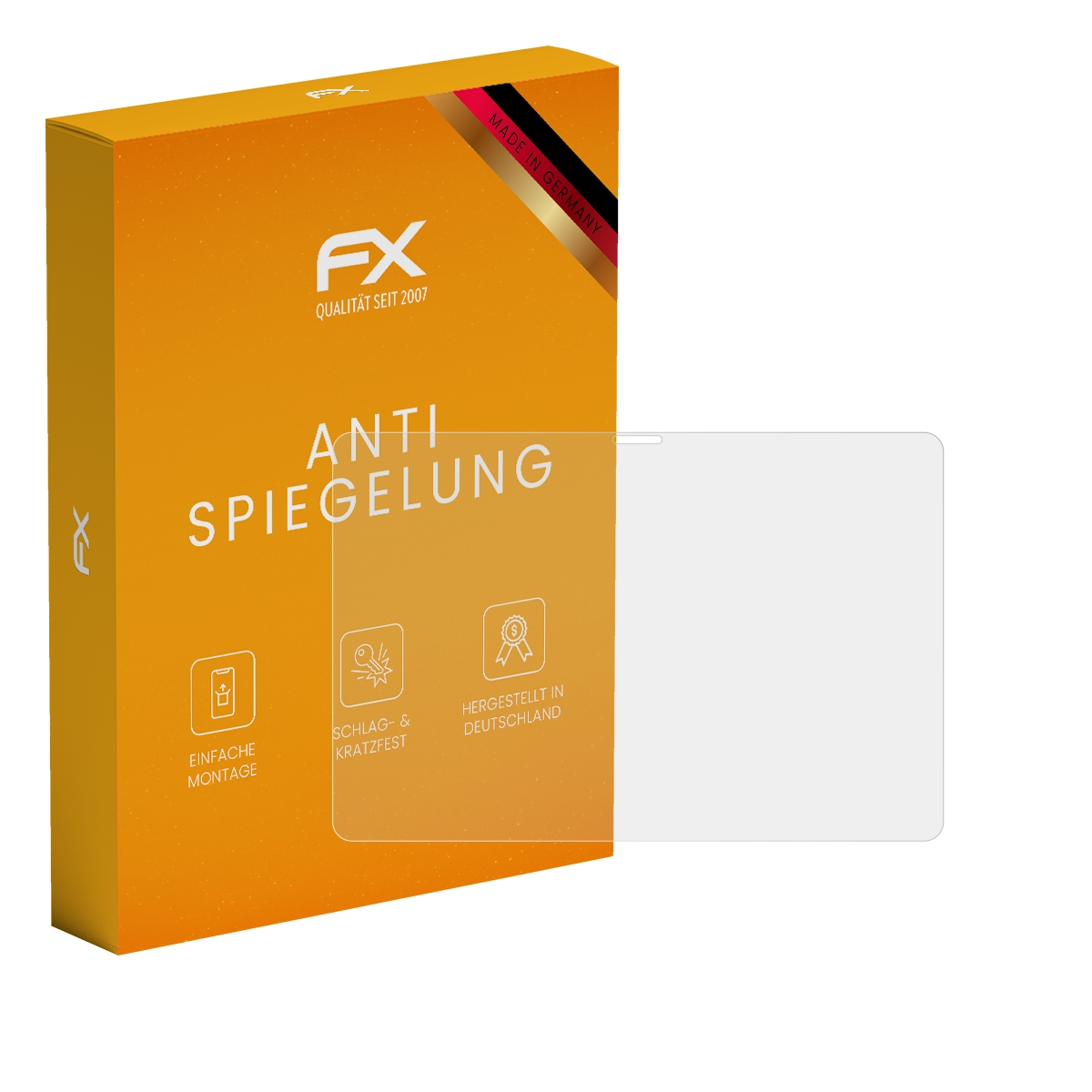 Eine orangefarbene Box mit einem teilweise sichtbaren Displayschutz. Text enthält 'FX', 'Anti Spiegelung' und 'Made in Germany'.