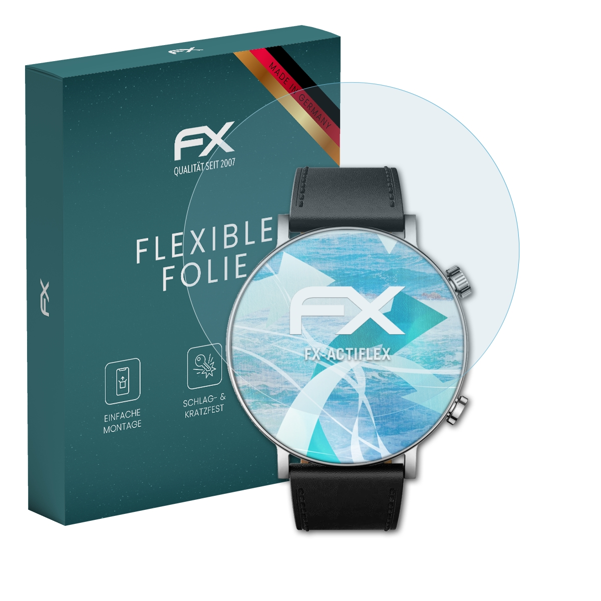 Eine Uhr mit Displayschutzfolie, neben einer Box mit "FX FLEXIBLE FOLIE" und anderen Markenlogos.