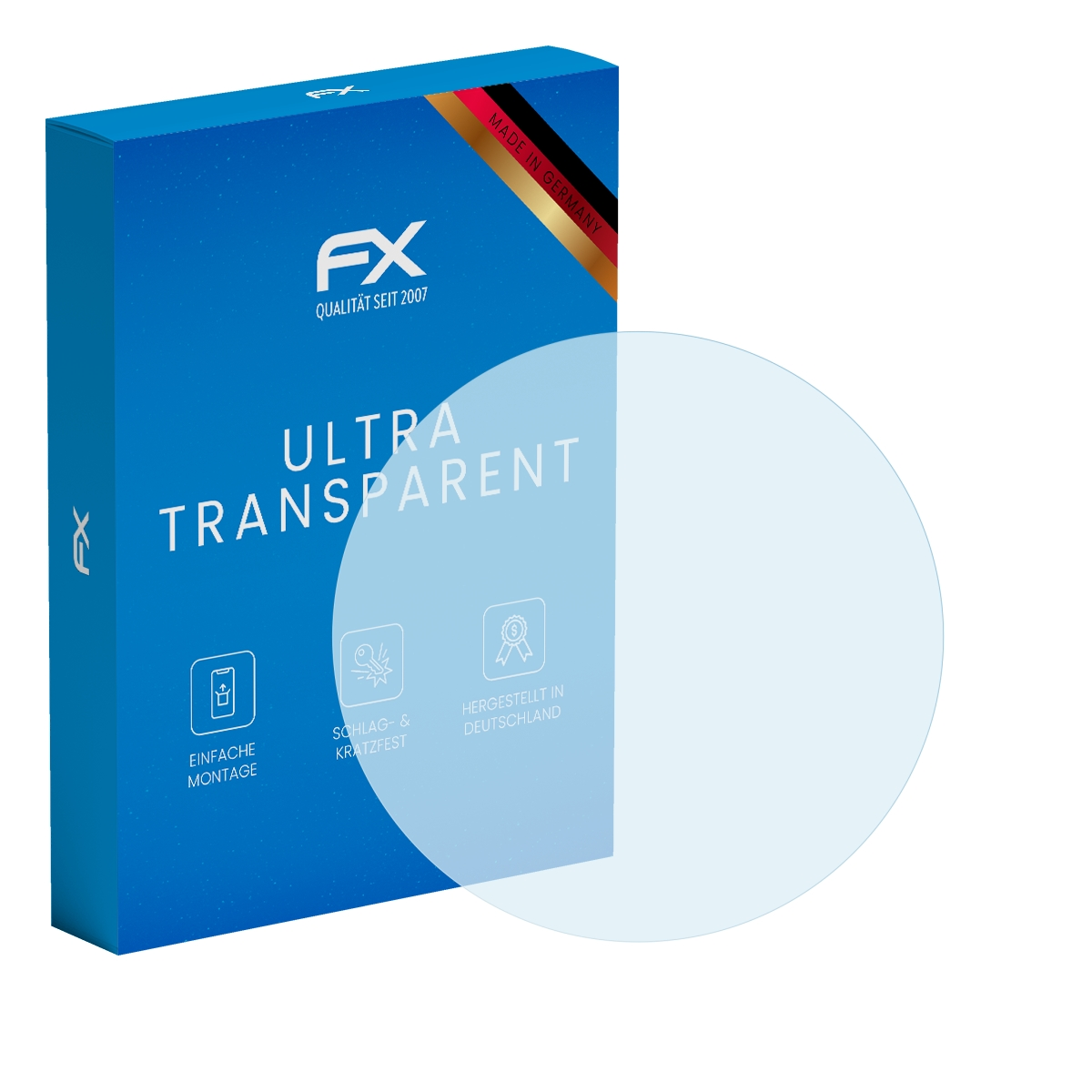 Eine blaue Box mit einem transparenten Kreis. Text enthält 'FX', 'ULTRA TRANSPARENT' und 'MADE IN GERMANY'. Auch Symbole sind vorhanden.