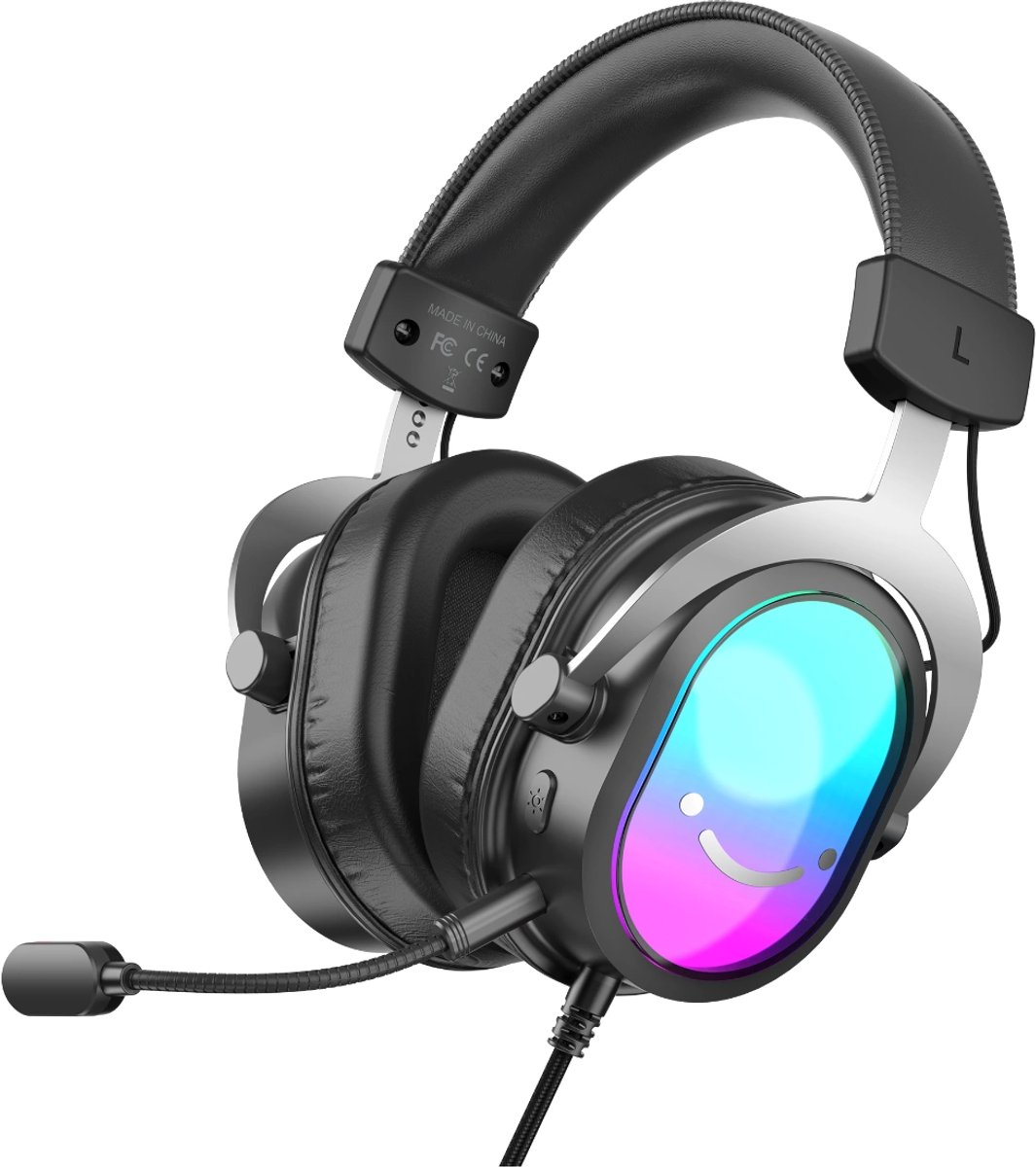 Black and silver gaming headset with a microphone. The earcups have a colorful smiley face design. Cable is attached.