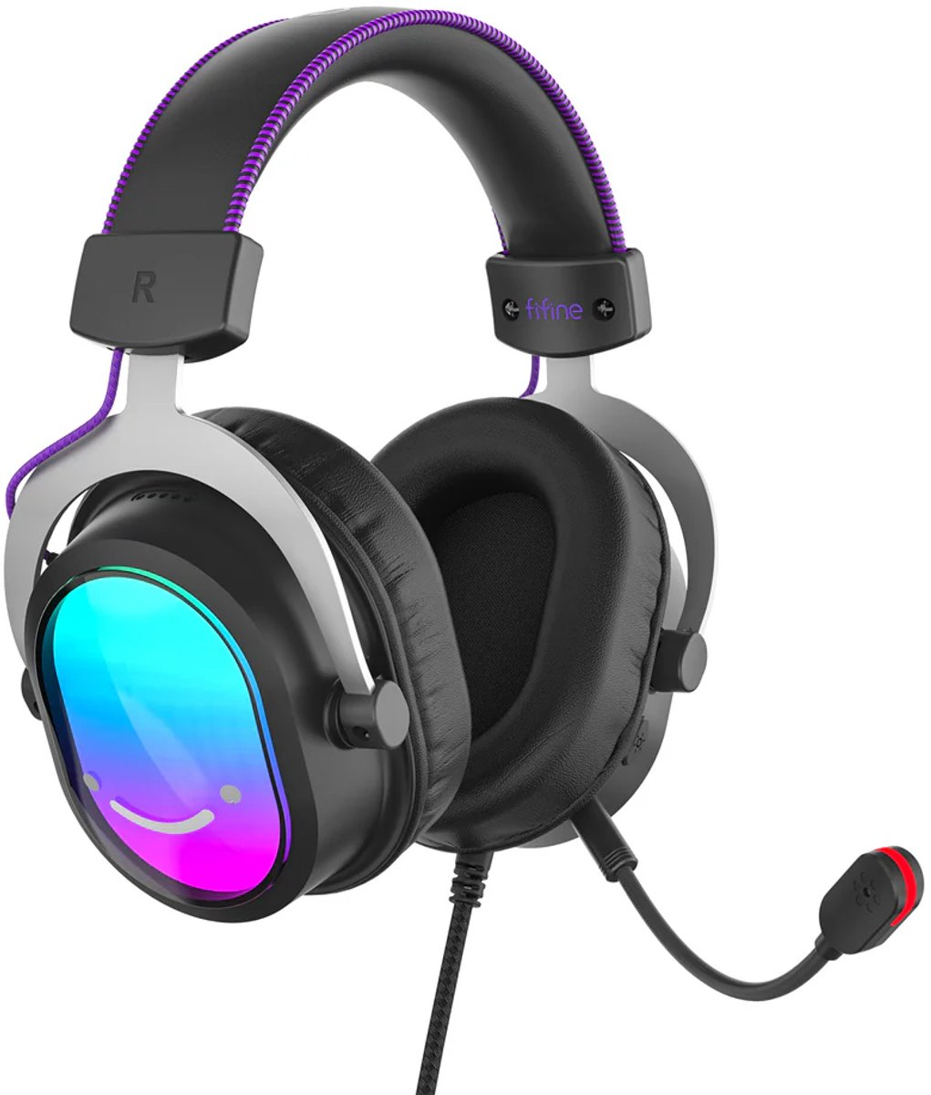 Black and silver gaming headset with purple accents. Features a smiley face on the ear cup. Includes a microphone with a red tip.