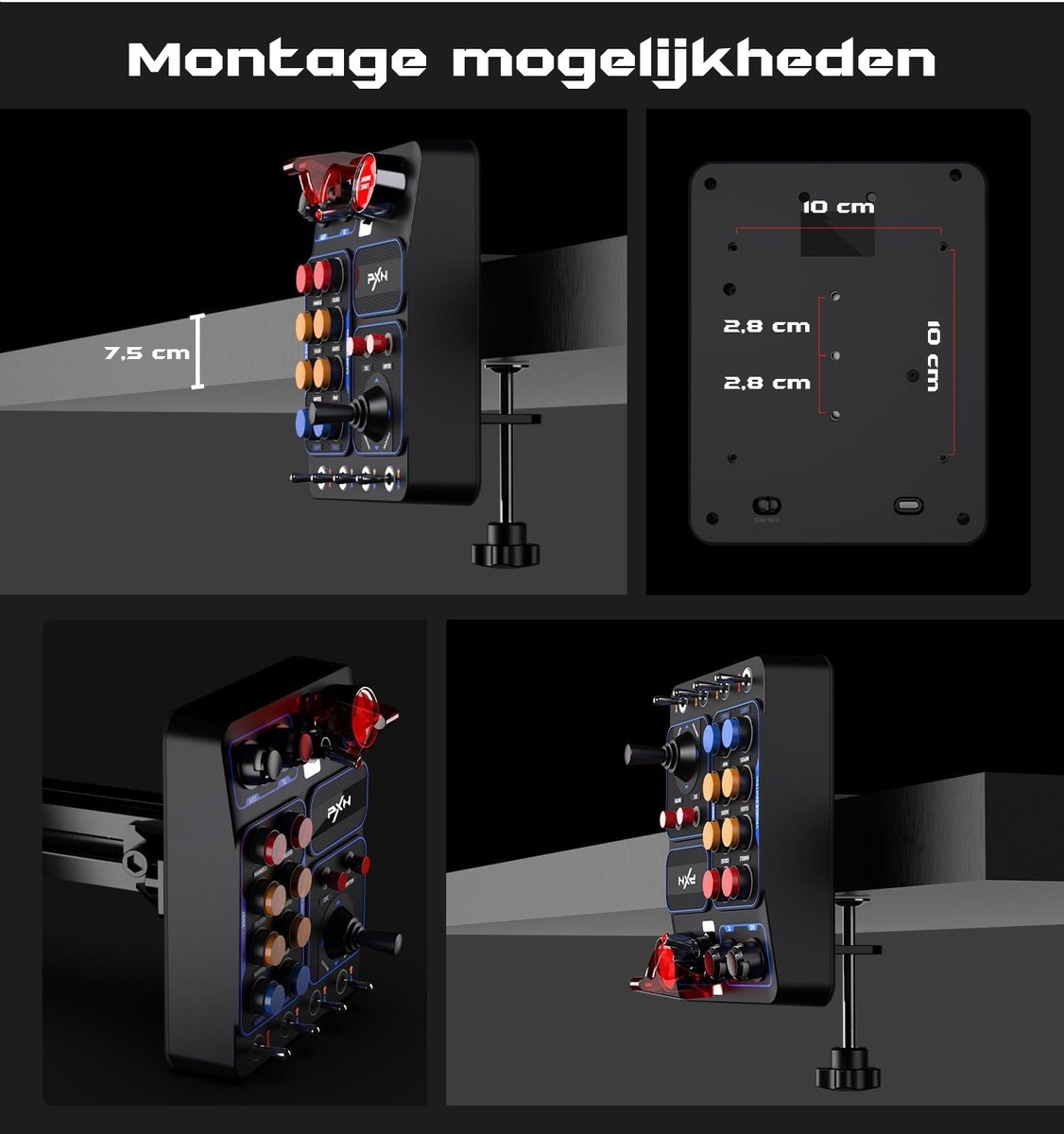 Vier afbeeldingen tonen een zwart bedieningspaneel met knoppen, knoppen en gelabelde afmetingen. Tekst luidt 'Montage mogelijkheden'.