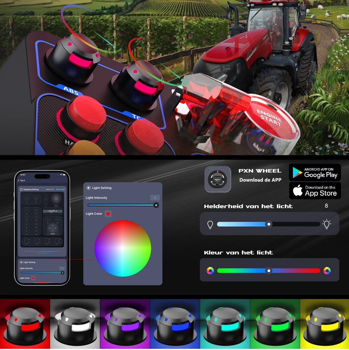 Afbeelding toont een tractor, bedieningspaneel met knoppen en app-interface voor lichtinstellingen.