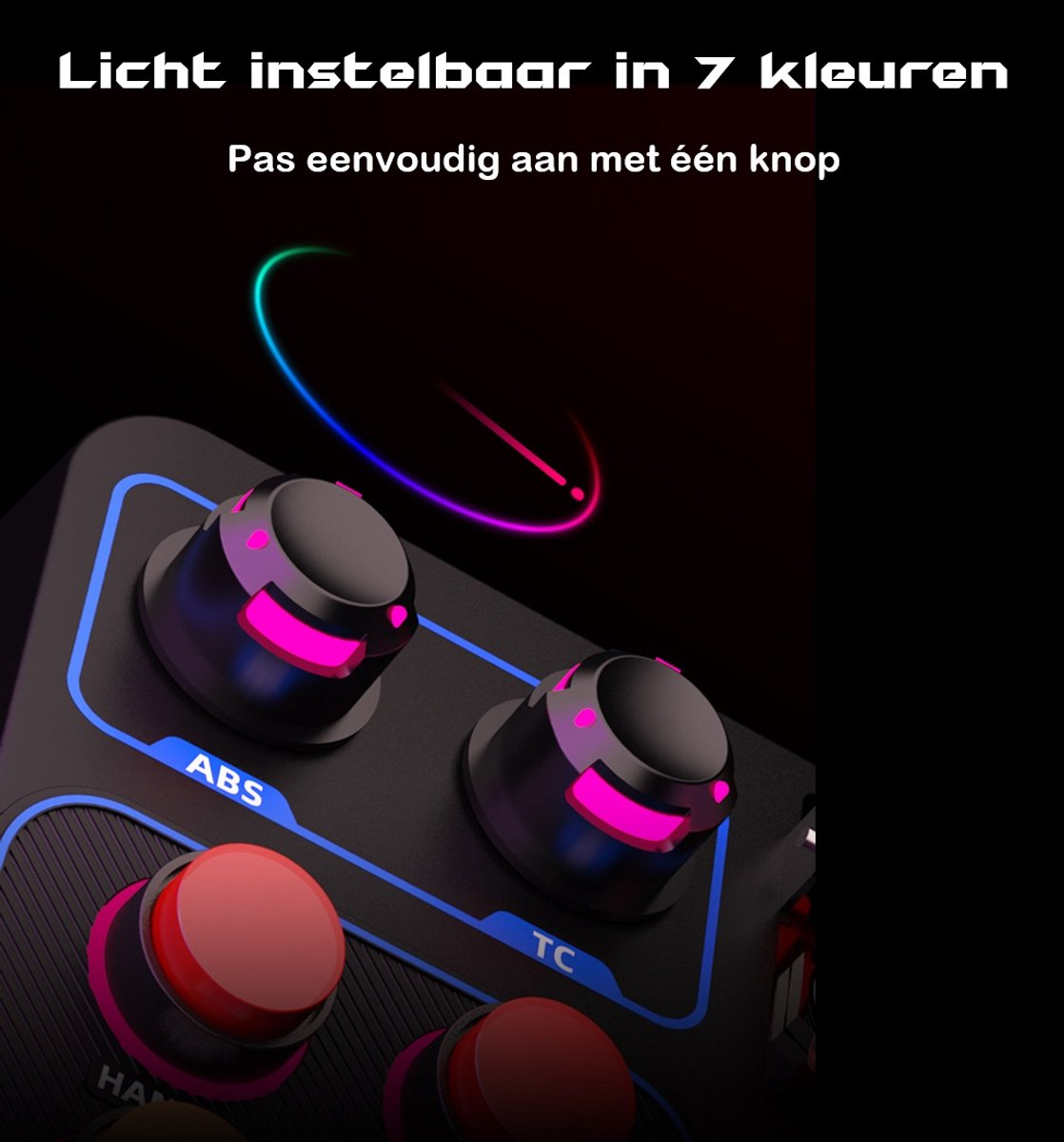 Close-up van een zwart bedieningspaneel met knoppen, verlicht met roze en blauwe lichten. De tekst luidt: Licht instelbaar in 7 kleuren.
