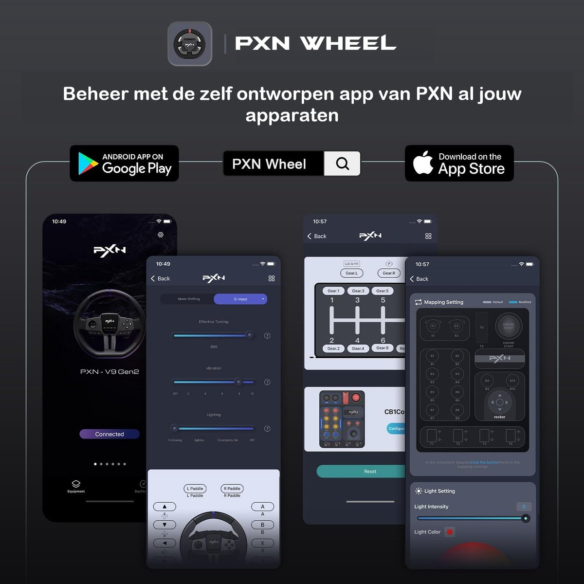 Een telefoon toont de PXN-app met verschillende instellingen. De achtergrond is donker, met productlogo's en app store links.