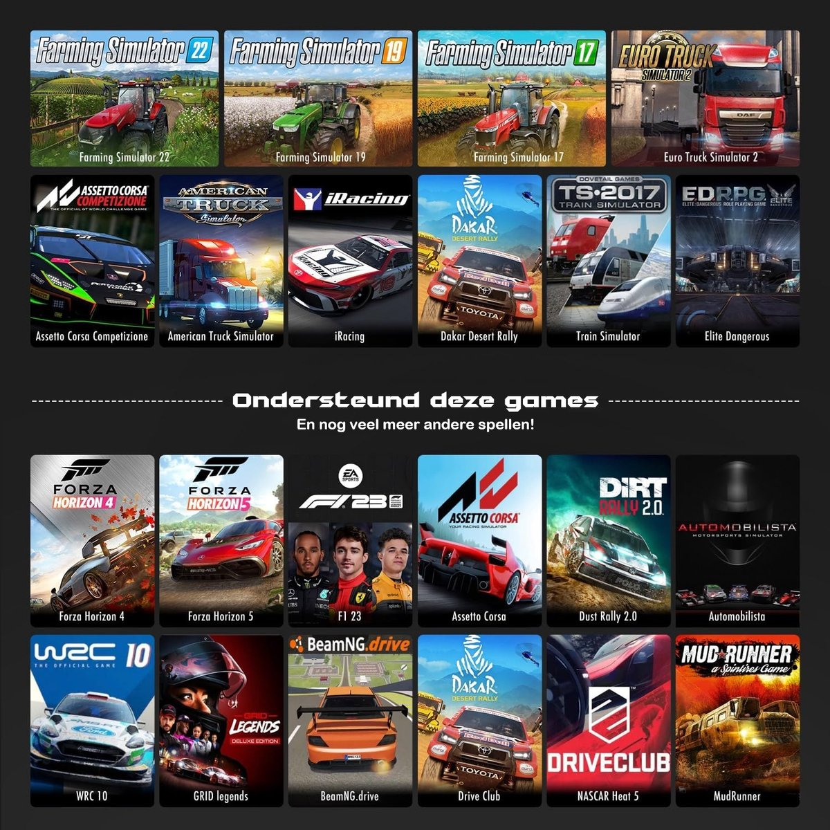 Afbeelding met game covers. Bevat Farming Simulator, Forza Horizon, F1 23 en anderen. Verschillende auto's, vrachtwagens en tractoren worden getoond.