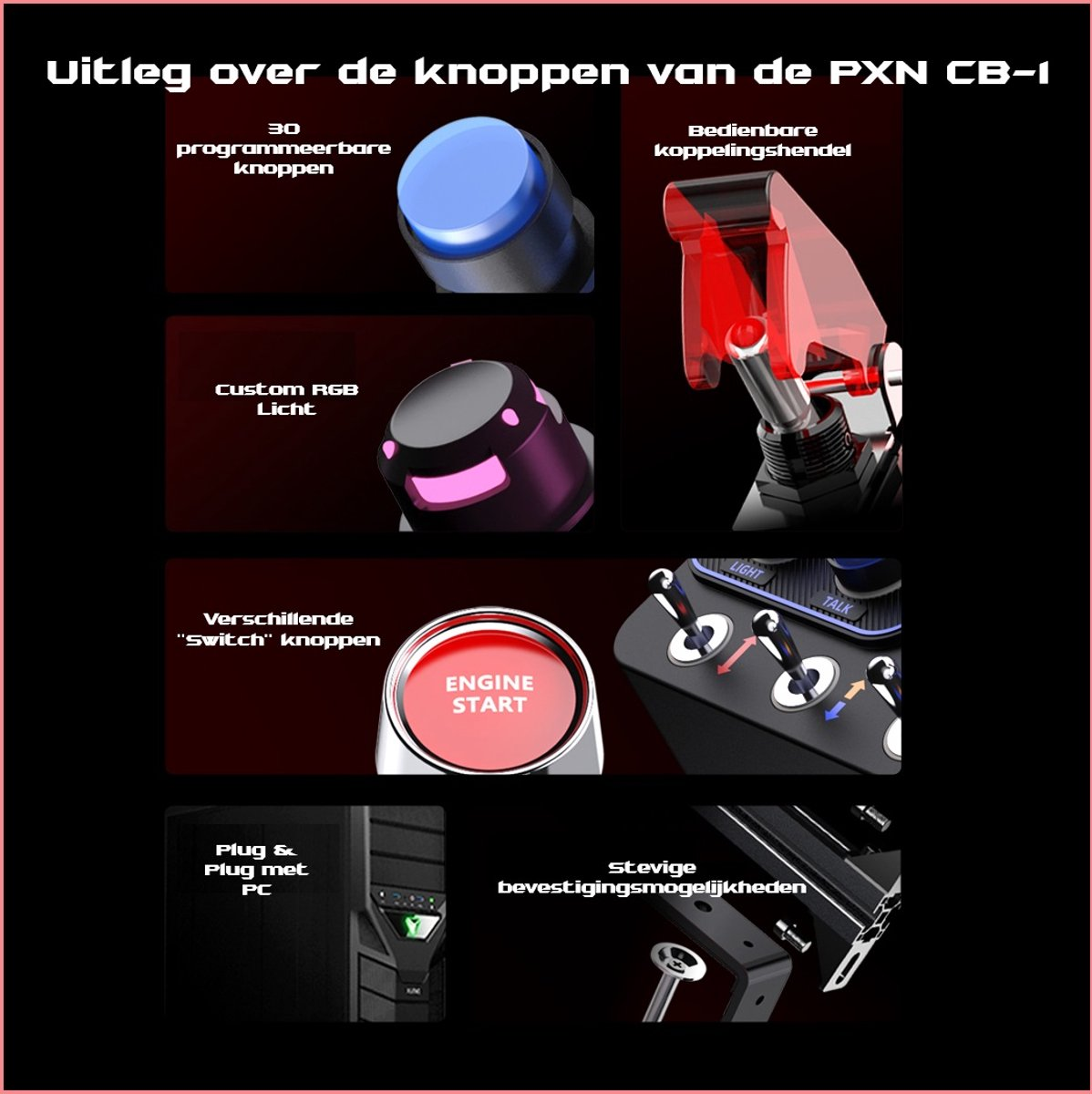 Afbeelding toont delen van een bedieningspaneel met knoppen, lampjes en schakelaars. Nederlandse tekst legt de componenten uit.