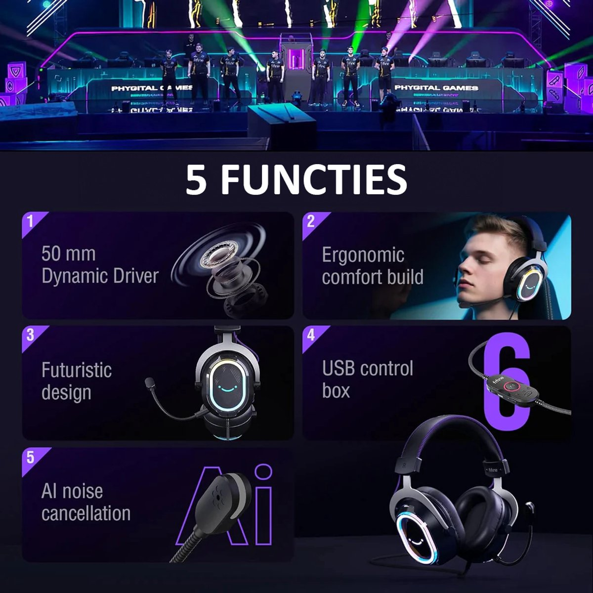 L'image montre un casque de jeu avec 5 fonctionnalités, dont un pilote dynamique, un design ergonomique, un design futuriste, un boîtier de contrôle USB et une annulation du bruit AI.