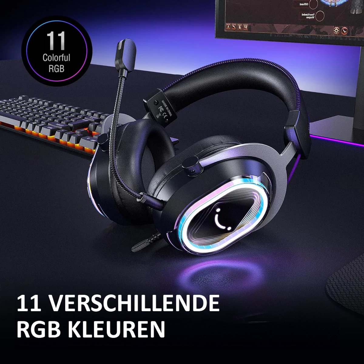 Casque gaming noir avec lumières RGB. Un clavier en arrière-plan. Texte : '11 Colorful RGB' et '11 VERSCHILLENDE RGB KLEUREN'.