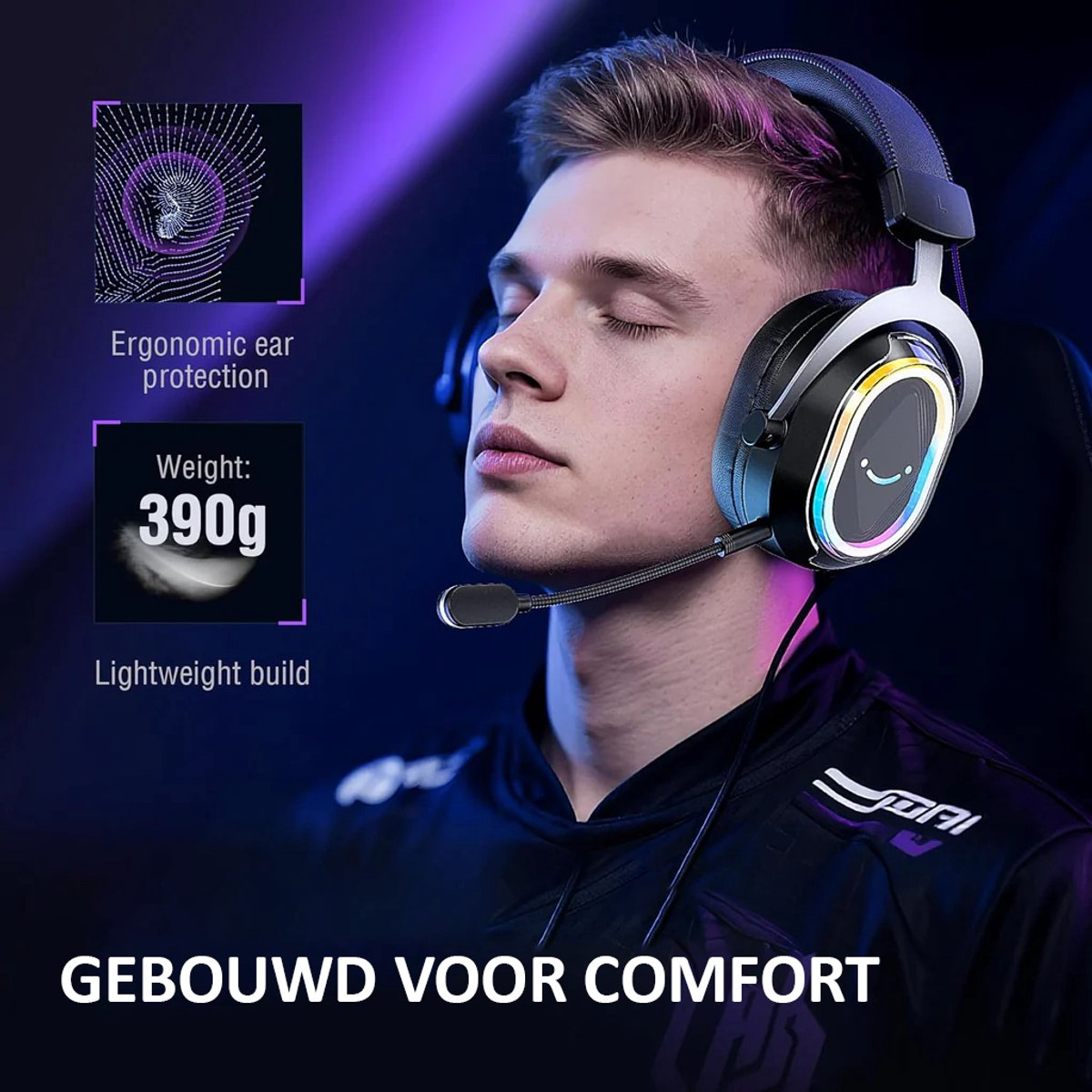 Un homme portant un casque avec micro. Texte: protection ergonomique des oreilles, poids 390g, léger et 'Gebouwd Voor Comfort'.