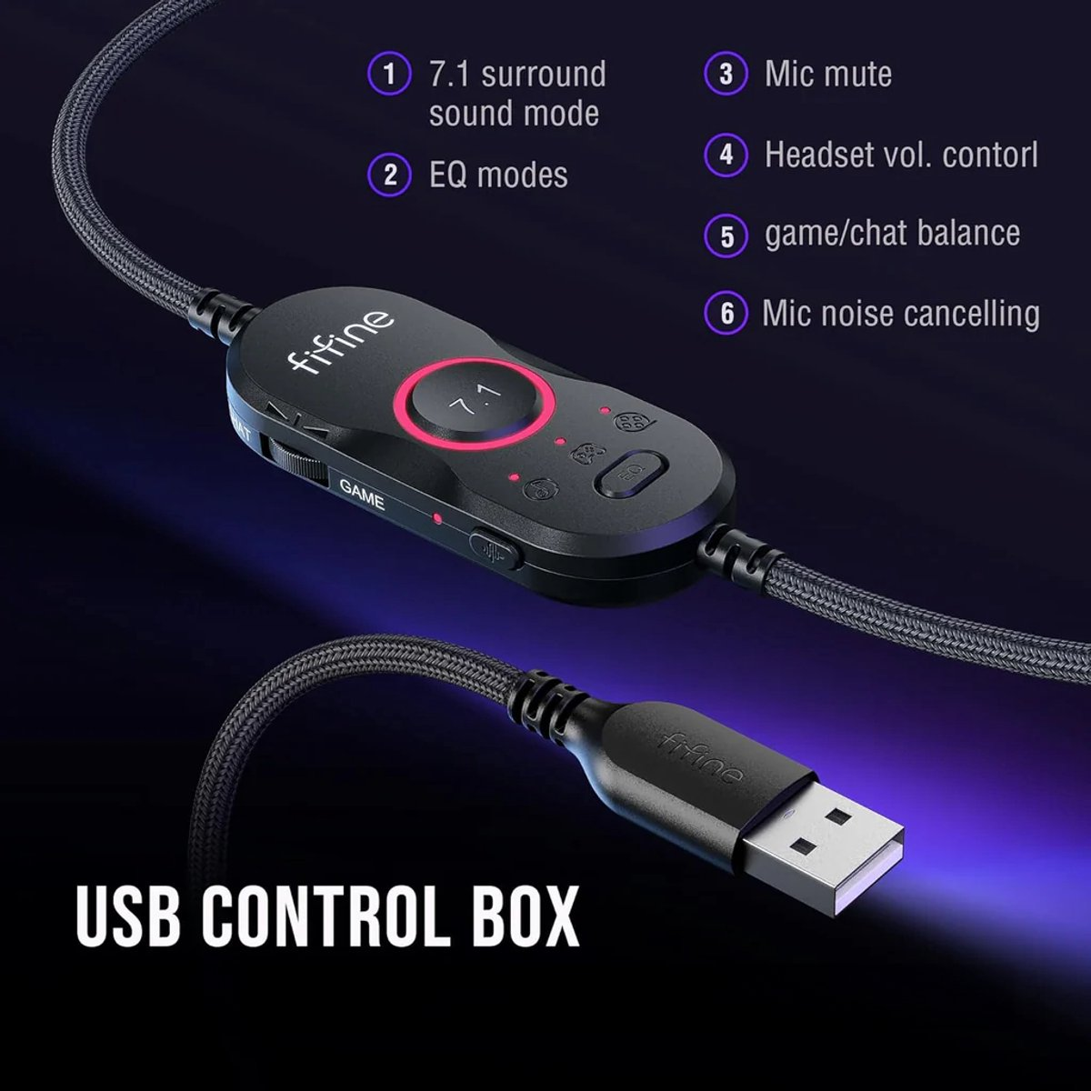 Un boîtier de contrôle USB noir avec un câble et un connecteur USB. Des boutons pour le mode son, l'égalisation, le silence du micro, le volume et la réduction du bruit sont visibles.