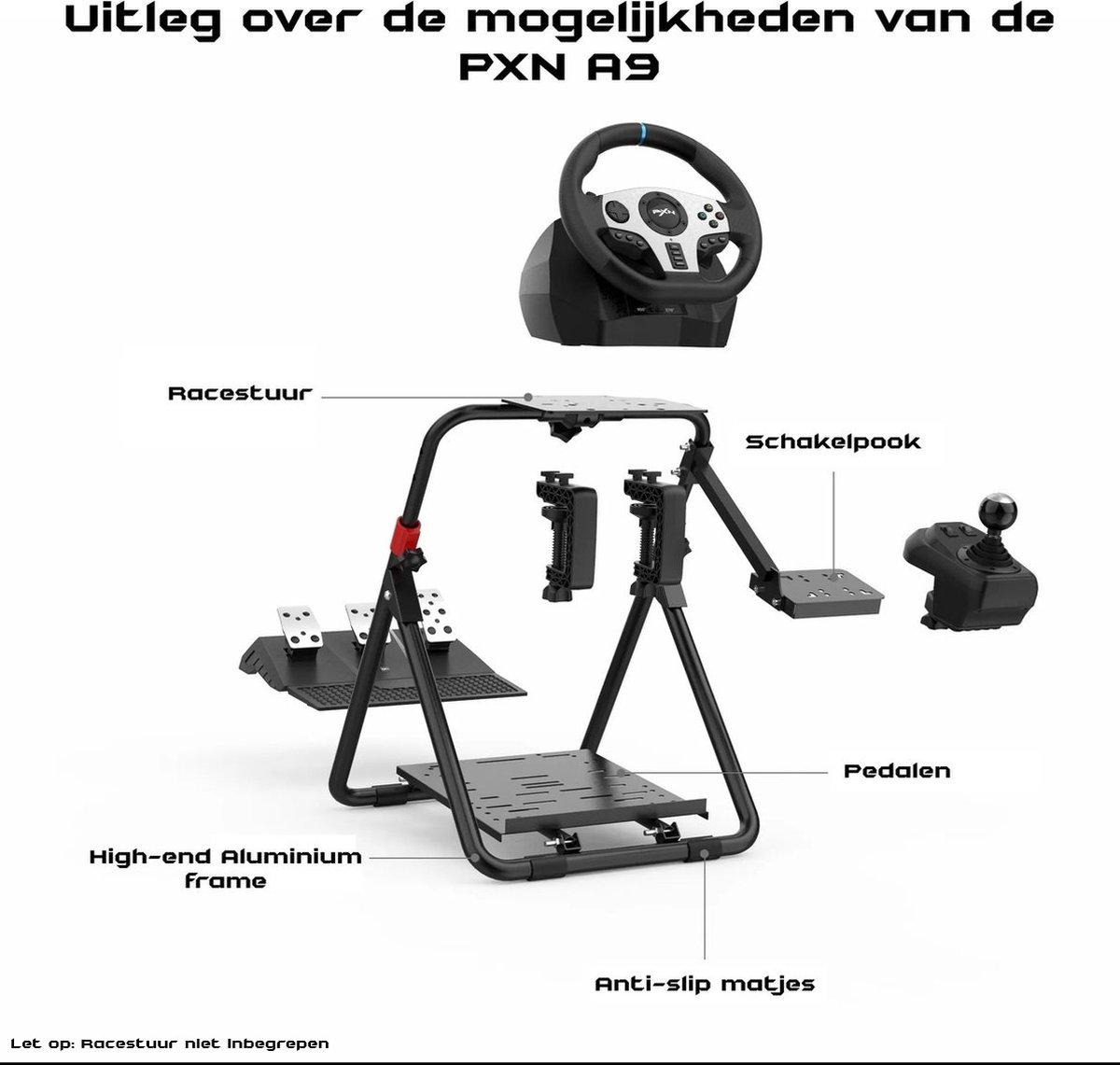 Ein Rennsimulator-Setup mit Lenkrad, Pedalen und Schalthebel auf einem schwarzen Rahmen. Beschriftungen umfassen 'Pedalen' und 'Anti-slip matjes'.