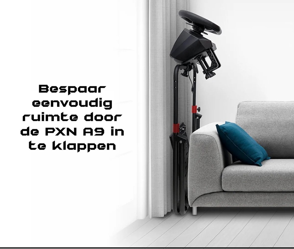 Ein Rennradständer steht neben einem grauen Sofa mit einem blauen Kissen. Auf der linken Seite steht: 'Sparen Sie Platz, indem Sie den PXN A9 zusammenklappen'.