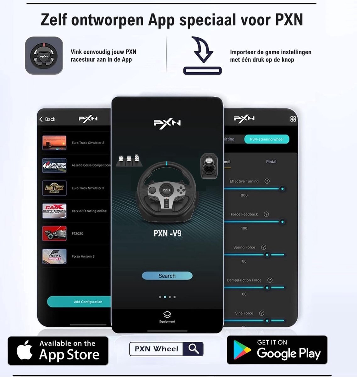 App-interface met een stuurwiel, instellingen en game selectie voor PXN-apparaten. App Store en Google Play pictogrammen zijn aanwezig.