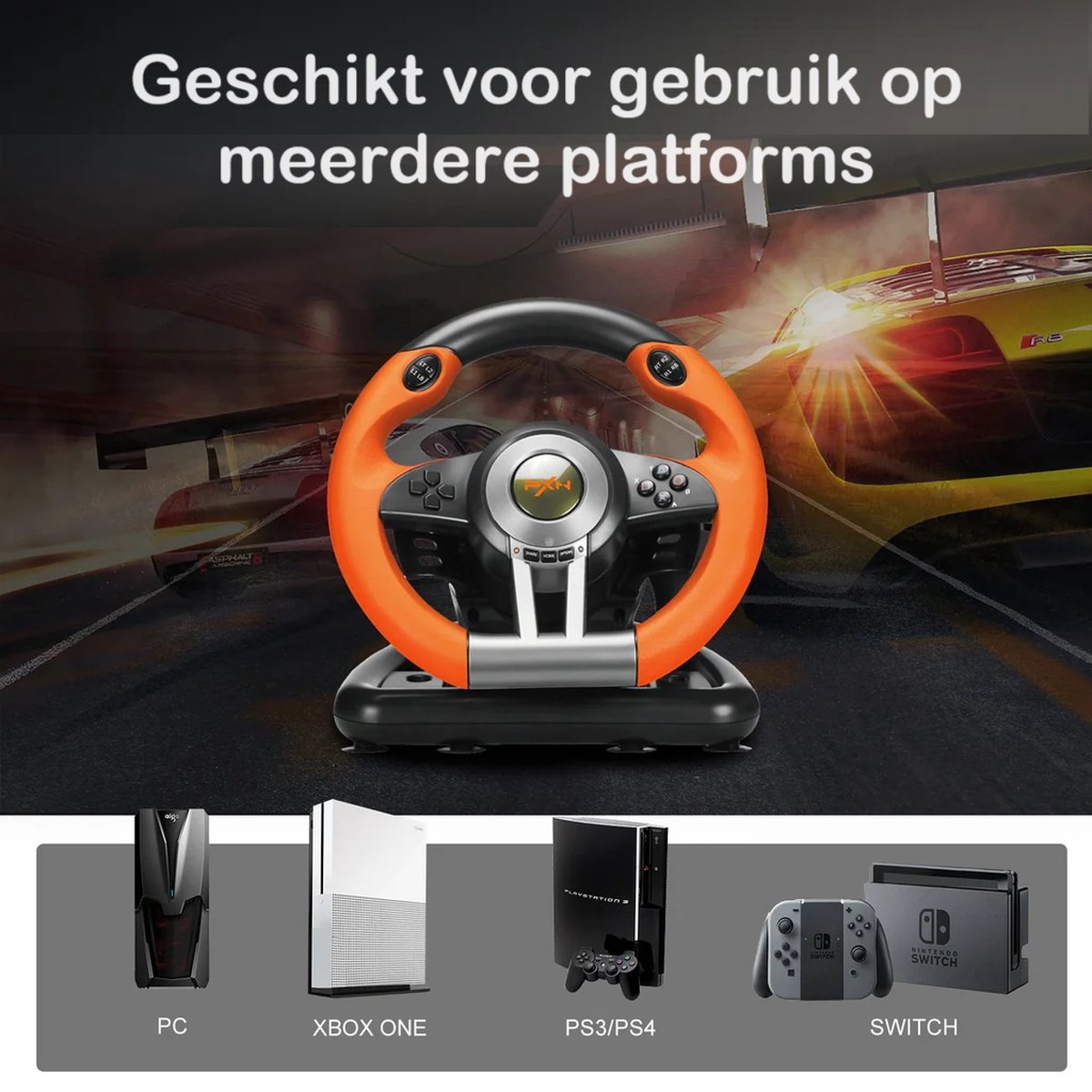 Un volant orange et noir pour le jeu, avec des voitures de course en arrière-plan, et des consoles en bas : PC, Xbox, PS3 et Switch.