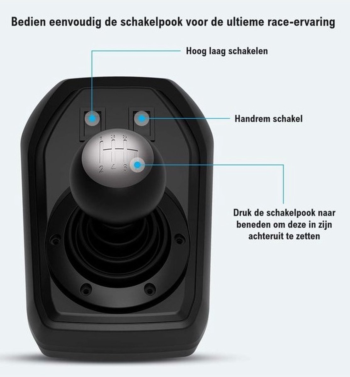 Een close-up van een zwarte versnellingspook voor een racegame. Tekstlabels geven verschillende functies aan, zoals hoge/lage versnelling, handrem en achteruit.