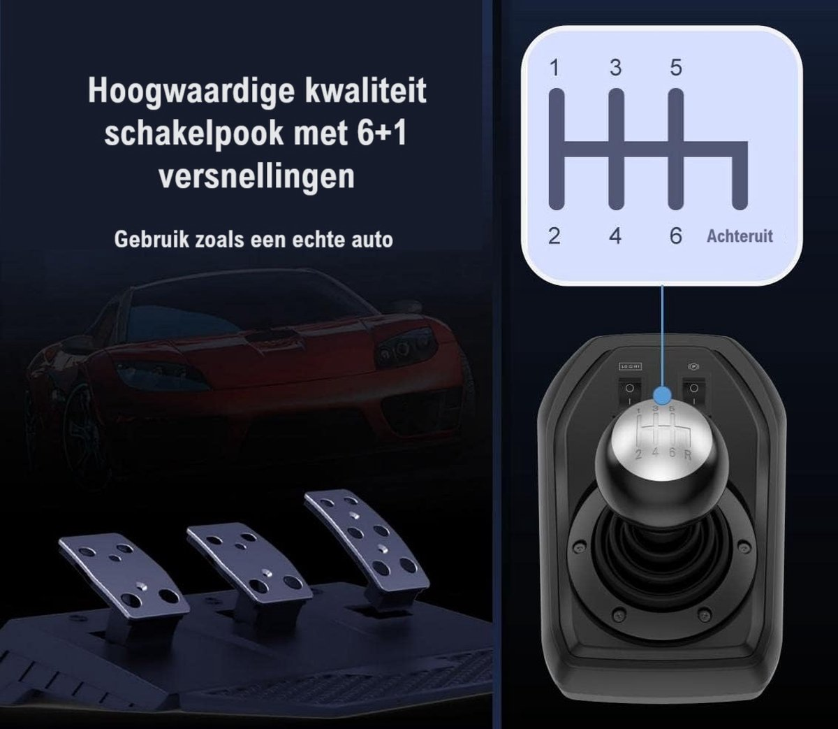 De afbeelding toont een raceversnellingsset met pedalen, versnellingspook en een sportwagen op de achtergrond. Instructies zijn ook inbegrepen.