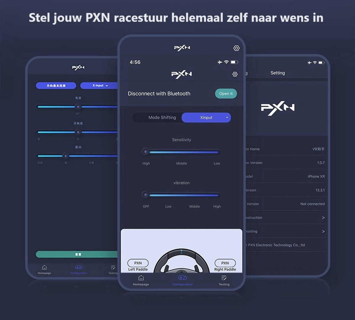 Drie smartphoneschermen tonen de PXN app-interface. Opties omvatten gevoeligheid- en vibratie-aanpassingen en apparaatinstellingen.