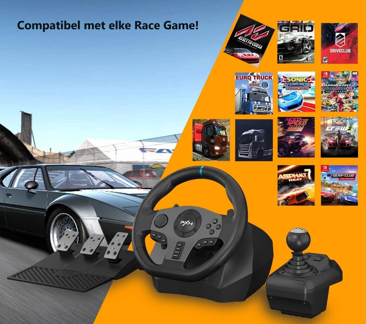 Afbeelding toont een racestuur, pedalen en een versnellingspook. Verschillende racegame covers worden getoond. Een auto op de achtergrond.