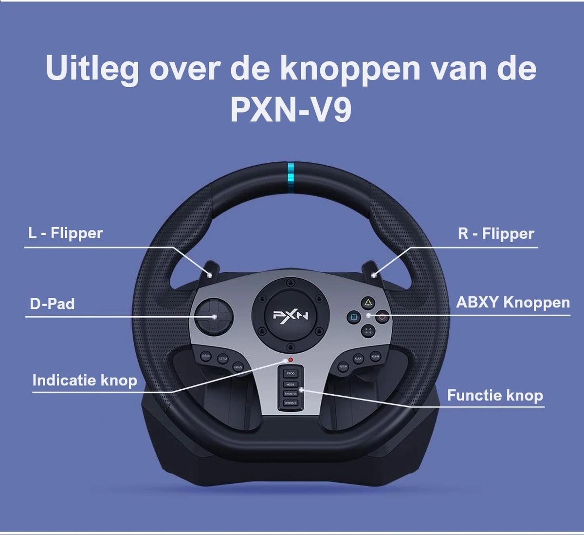 Een stuurwiel met knoppen zoals L-Flipper, R-Flipper, D-pad, ABXY en functieknoppen. Het merk PXN-V9 is zichtbaar.